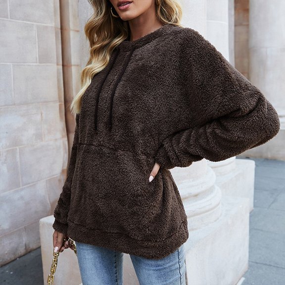 Vedolay Long Sleeve Tops Women's 2023 Casual Hoodies Long Sleeve Solid Lightweight Pullover Tops Loose Sweatshirt,Brown M