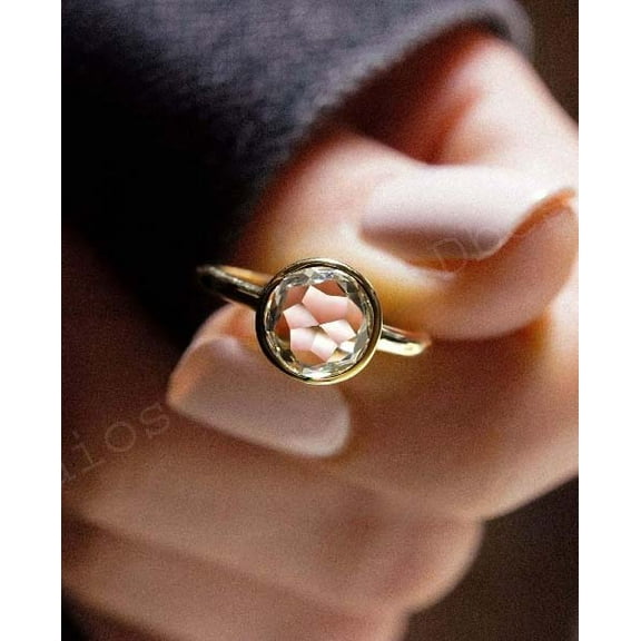 DBESTSTUDIOS Rose Cut Diamond Ring In Bezel Setting, 1.50 CT Lab Grown Diamond Engagement Ring, Gift Wedding Ring For Her Yellow Gold Ring For Women