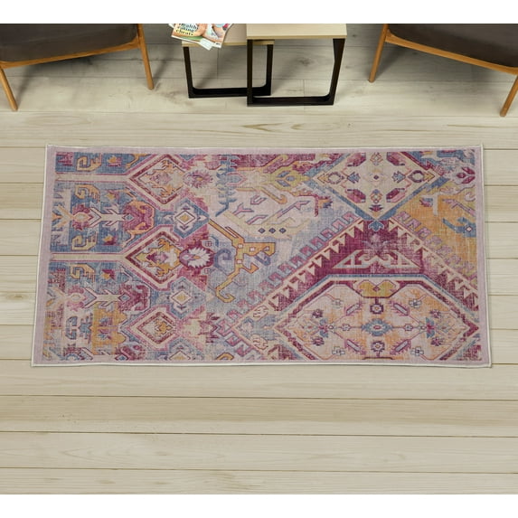 Ethnic Decorative Rug, Grunge Themed Abstract Artwork of Traditional Tribal Shapes and Ornaments, Quality Carpet for Bedroom Dorm and Living Room, 6 Sizes, Magenta Blue Mustard, by Ambesonne