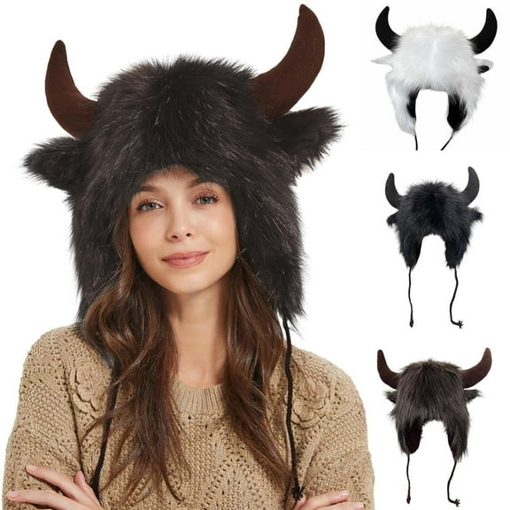 QQAMB Faux Fur Trooper Hat for Women Men Furry Buffalo Hat with Horns Furry Earmuff Winter Trooper Hats Fluffy Earflap Hat