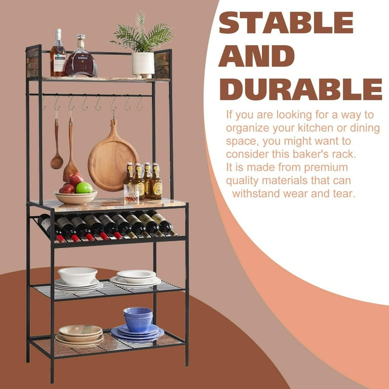 Kings Brand Furniture Red Tile Bakers Rack with 9 Wine Bottle Capacity Rack 8 Hooks Kitchen Storage Organizer Black