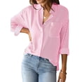 thumbnail image 3 of Xuanfei Women Striped Lapel Long Sleeve Pocket Single Breasted Blouse, 3 of 7