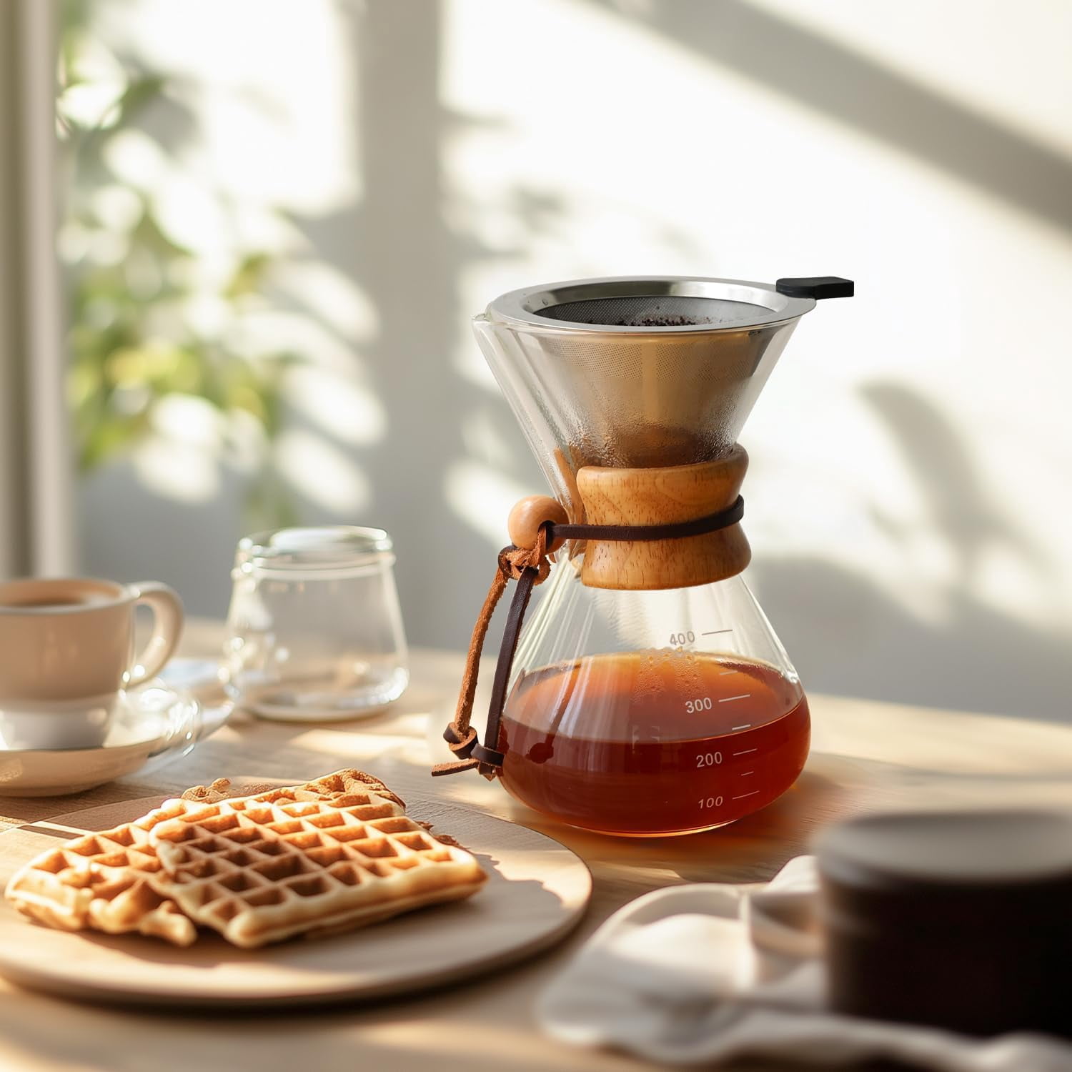 Pour Over Coffee Maker 14 OZ, 4 Cup Borosilicate Glass Drip Coffee Maker with Reusable Stainless Steel Filter and Cork Grip for Home Café 400 ML