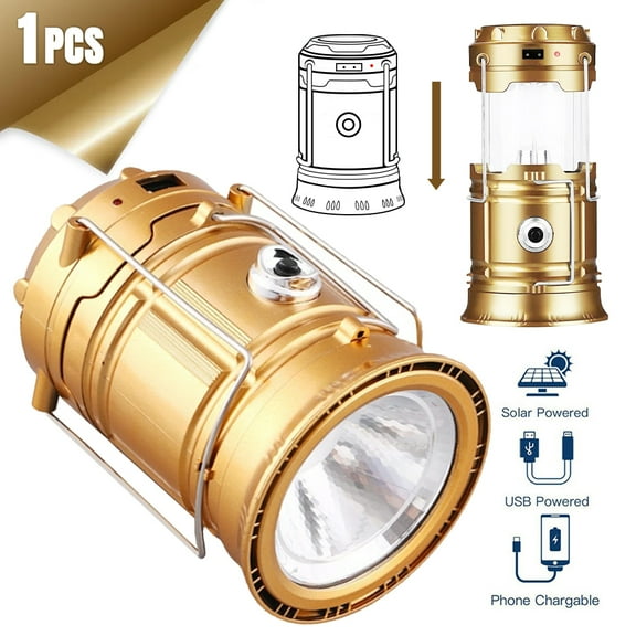 Lanterns, Camping Lantern, Solar Lantern Flashlights Charging for Phone, Rechargeable Led Camping Lantern, Collapsible & Portable for Emergency, Hurricanes, Power Outage, Storm (Gold ,1 Pack)