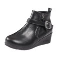thumbnail image 2 of Women's Buckle Side Zipper Ankle Boots Chunky Platform Comfort Flat Sole Retro Leather Booties Equestrian Ready Footwear Fall Spring Riding Essential Black, 2 of 8