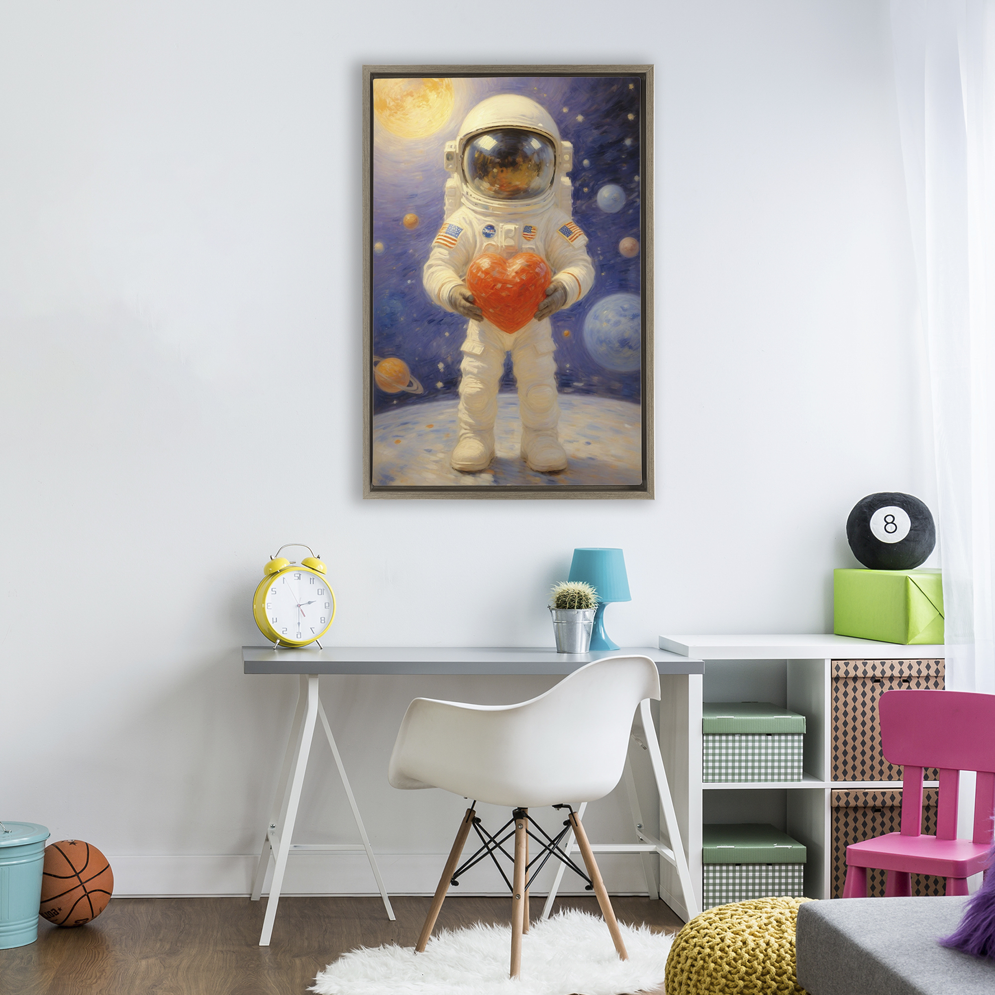 Astronaut Holding Heart Brown Framed Floater Canvas Wall Art, design by Angie Hawke