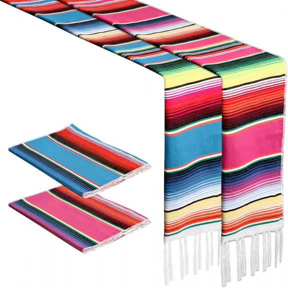 AUQ 2Pcs Mexican Table Runners,14 X 86 Inch Cinco De Mayo Party Decorations,Rainbow Colors Mexican Fiesta Table Runner for Boho Mexican Theme Party Picnics Table Decor