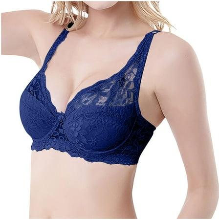 WREESH Womens Lace Bralette Soft Padded Push Up Bras Adjustable Strap Wireless Plunge Bra Comfortable Everyday Bra Underwear Blue