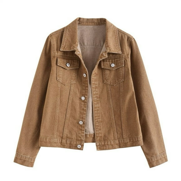 Jindong Jackets for Women, Cropped Jean Jacket Long Sleeve Casual Button Down Denim Jacket, Women's Coats Brown