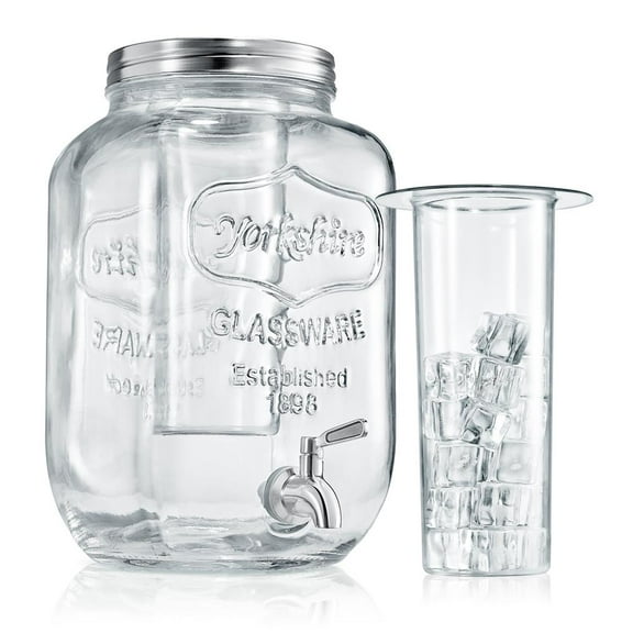 NutriChef 1-Gallon Glass Beverage Dispenser - Mason Jar Style Drink Container Jug w/ Stainless Steel Spigot & Plastic Ice Infuser, Wide Mouth Easy Filling, 100% Leak-proof Lid, For Party or Daily Use