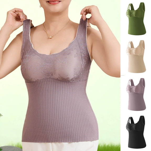 Antinious Women Solid Crewneck Pajama Sleeveless Lace Seamless Built In Pad Fleece Lined Thermal Undershirts