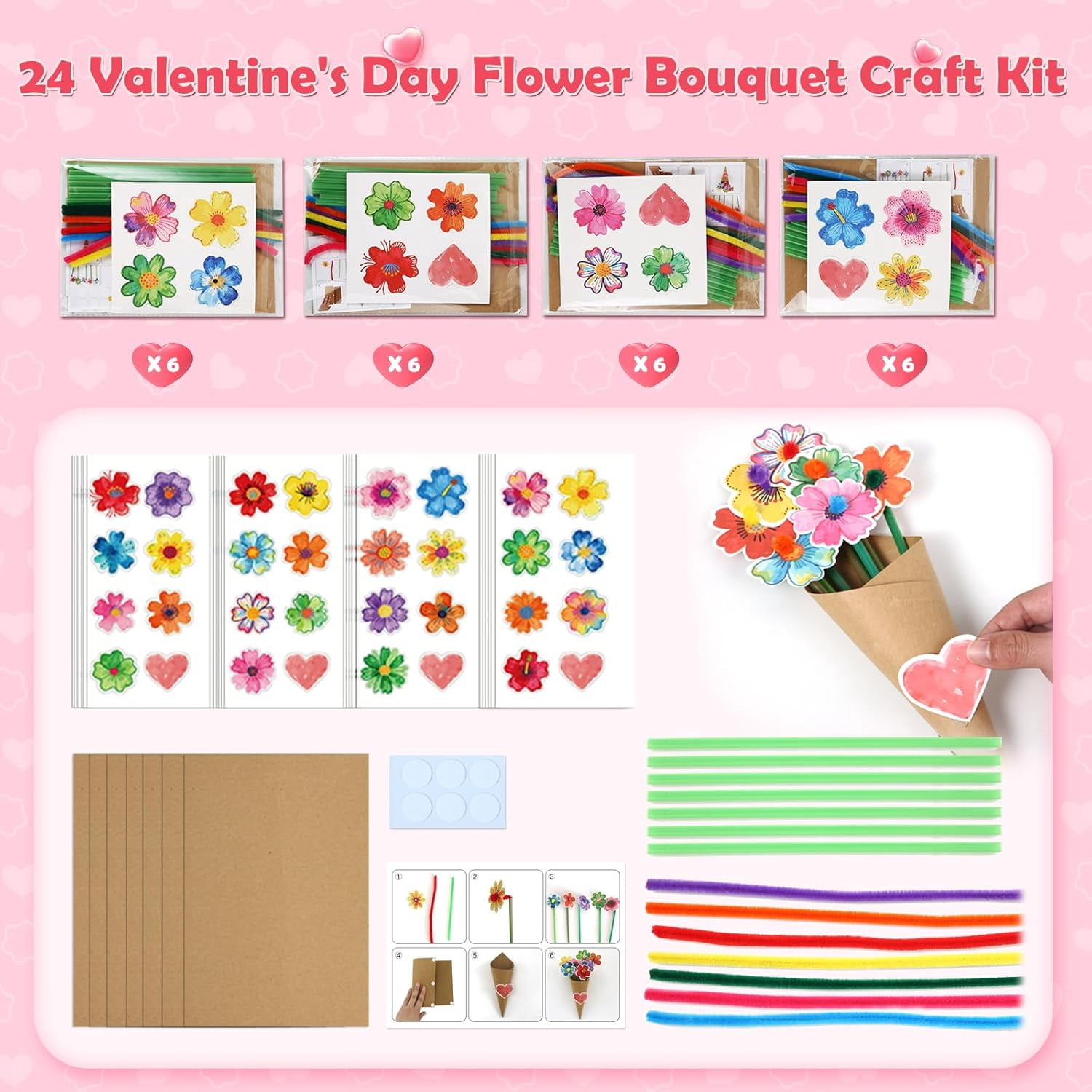Valentine's Day Gifts - DIY Flower Bouquet Set, Craft Kit for Home/Class Activities, Favors for Classroom Gifts Exchange