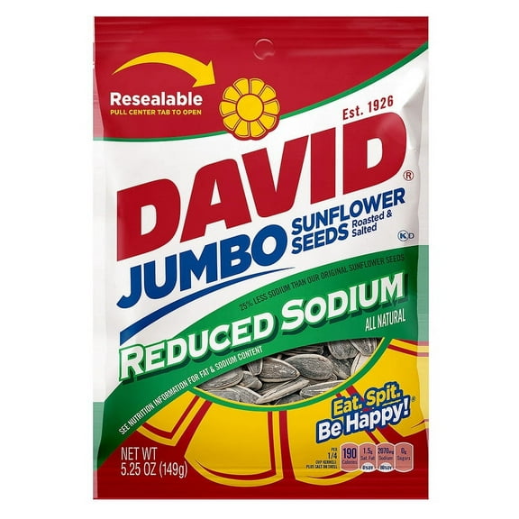 DAVID Seeds Reduced Sodium Salted and Roasted Jumbo Sunflower Seeds, Keto Friendly Snack, 5.25 Ounce, Case of 12