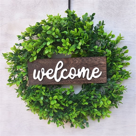 PPKVUFD Green Wreath with Welcome Sign 18inch Artificial Spring Summer Green Wreath for Front Door Wall Window Festival Farmhouse Porch Patio Garden Decor