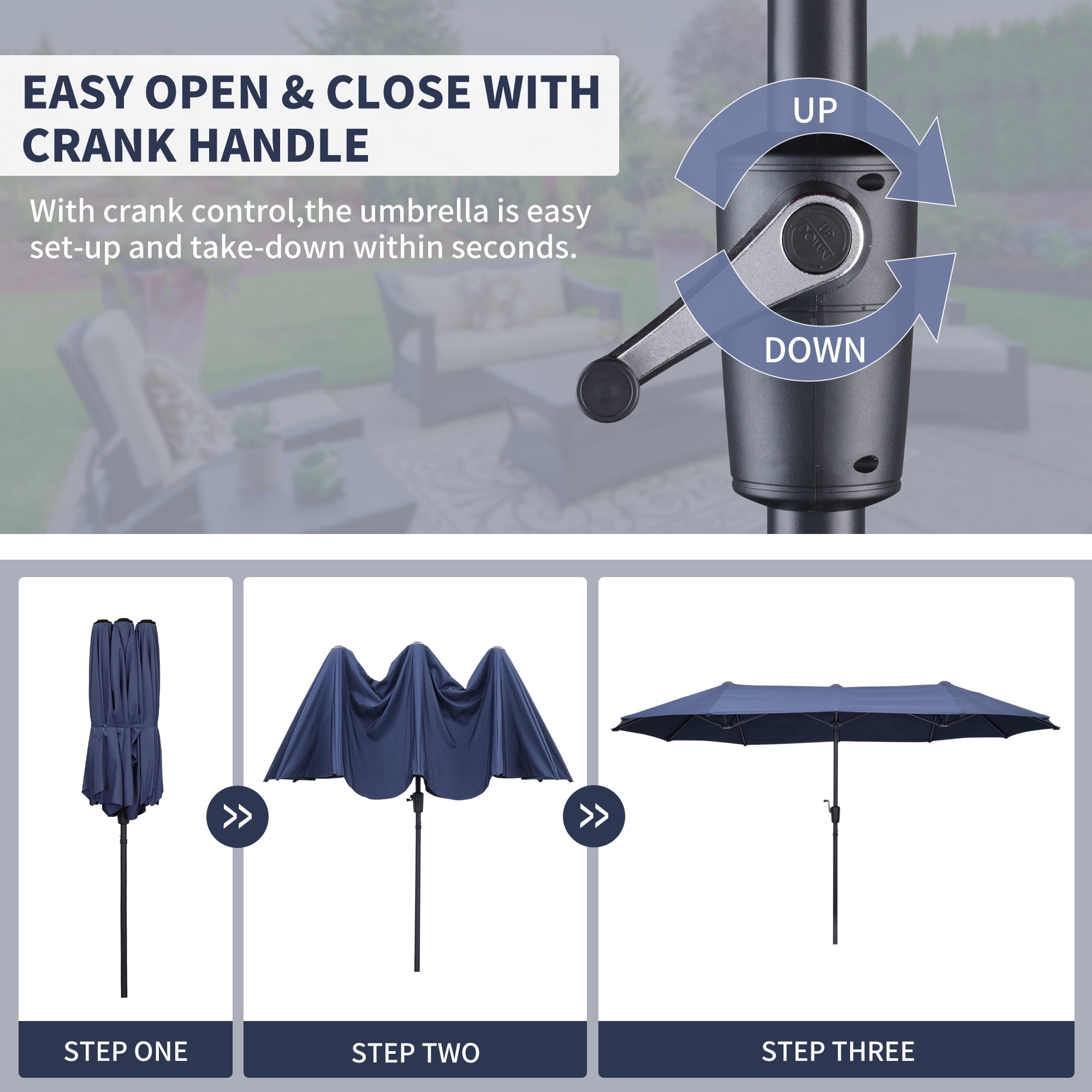 Ainfox 13ft Large Patio Umbrella, Outdoor Double-Sided Rectangle Market Heavy Duty Umbrellas without Base, Navy Blue