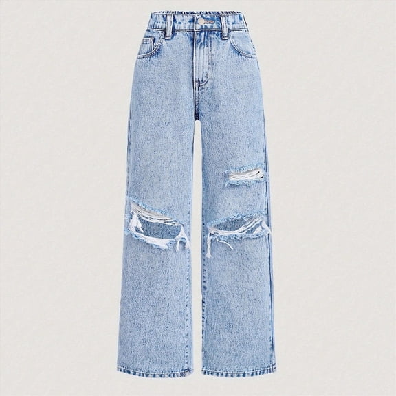 KPOPLK Girls Jeans 4-16t Elastic Waistband Wide Leg Baggy Pants with Stars Denim Trousers for Little Big Teens Size 7-8 Years,Light Blue