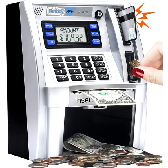 Fishboy ATM Piggy Bank for Kids with Power-Off Memory and Debit Card for Real Money, Onekey Shutdown, Coin Recognition, Target Setting, Bill Feeder, Balan