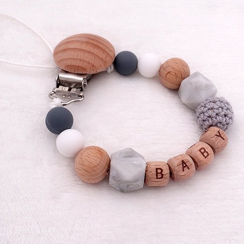 Chupete de madera de silicona con nombre personalizado gratis hecho a mano, cadena de dentición segura, mordedor de bebé, soporte de Clips para chupete ecológico Tan Jianjun unisex