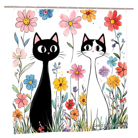 Joocen Polyester Shower Curtain Black And White Cats With Flowers For Home Bathroom Bath Tub Decoration 72x72 inch
