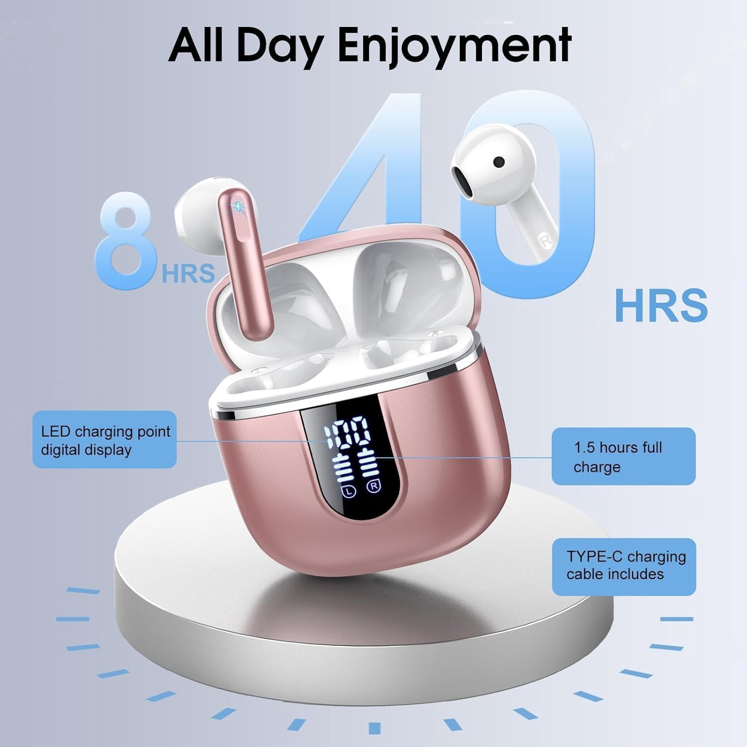Wireless Earbuds, 2026 Bluetooth 5.4 Earphones In Ear 3D Stereo, Bluetooth Headphones with 4 ENC Noise Cancelling Mic, 40H Deep Bass IP7 Waterproof Headset Comfortable Earbuds for Work,Sport Rose