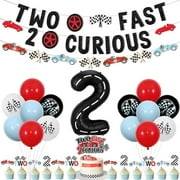 Two Fast Two Curious Birthday Decorations, Racing Car 2nd Birthday Decoration for Boy Racing Car Theme Banner Garland Cake Topper Number 2 Foil balloon for Boy Race Car Theme Birthday Party