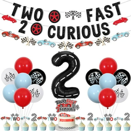 Two Fast Two Curious Birthday Decorations, Racing Car 2nd Birthday Decoration for Boy Racing Car Theme Banner Garland Cake Topper Number 2 Foil balloon for Boy Race Car Theme Birthday Party