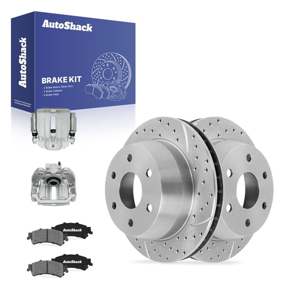 AutoShack Rear Vented Drilled & Slotted Silver Zinc Coated Brake Rotors   Ceramic Pads   Calipers 8-PC Brake Kit Replacement for 2002 GMC Sierra 1500 SilverShield Pro 12.99" (330 mm)