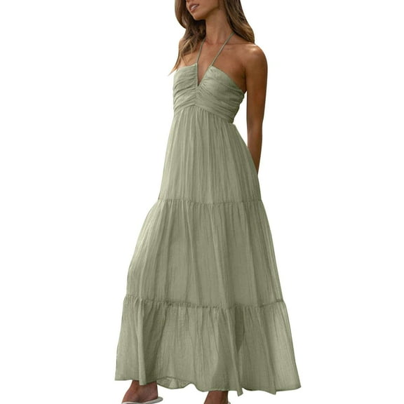 Striped Maxi Dress with Tie Straps (S, Green)