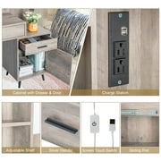 Ktaxon Lighted Vanity Table Set with Charging Station, Makeup Dressing Table with Sliding Mirror, Bedroom Vanities Set