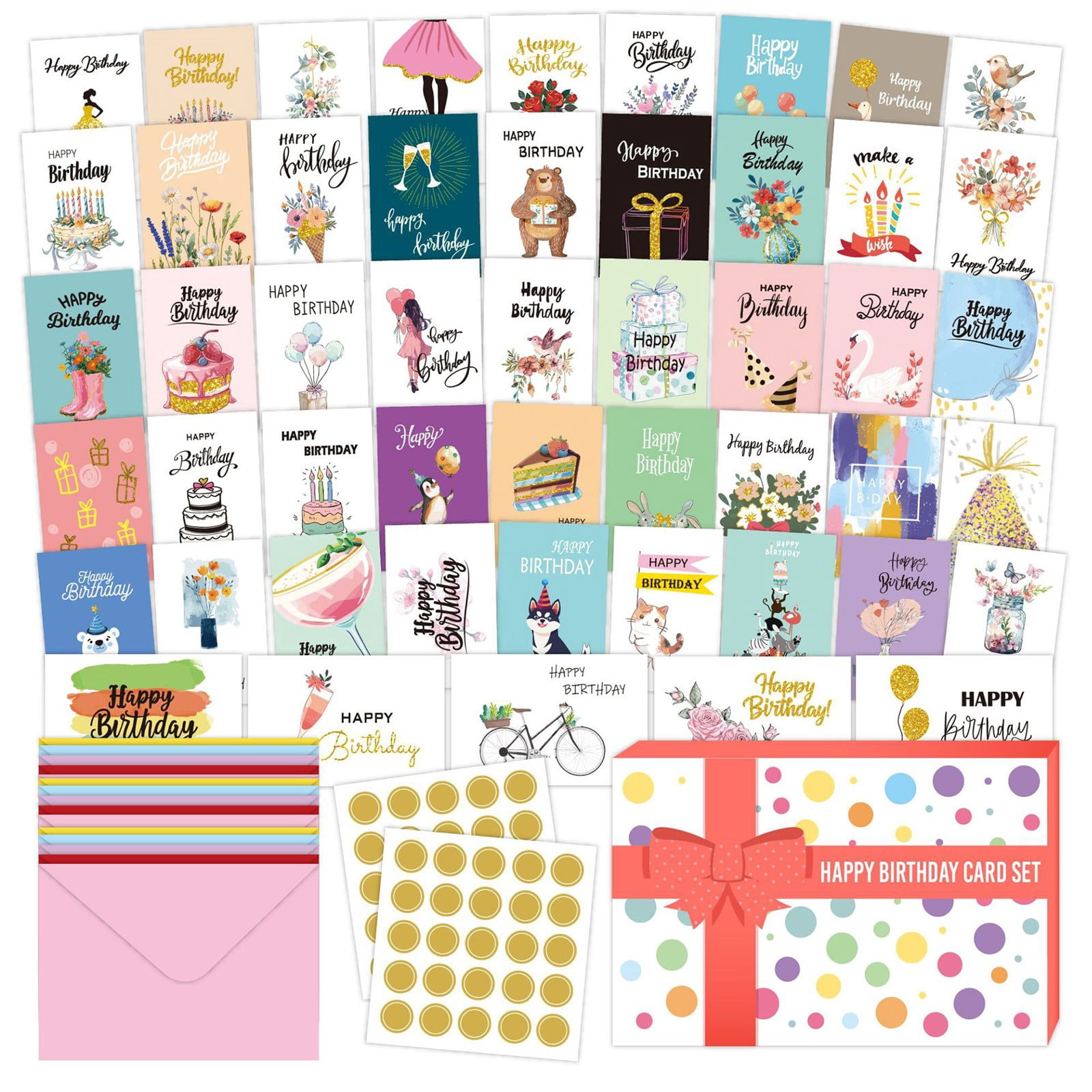100 Happy Birthday Cards with Envelopes, Birthday Cards Bulk with Short Generic Message Inside and Stickers, Assorted Birthday Cards Assortment for Business, Office and Personal, Set A