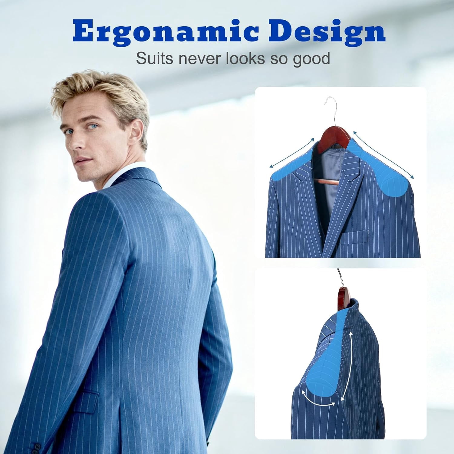 Solid Wood Wide Shoulder Hangers with Non-Slip Pants Bar, 360 °   Swivel Hook for Suits, Dresses, Jackets, and Heavy Clothes - 6 Pack (Walnut Finish)