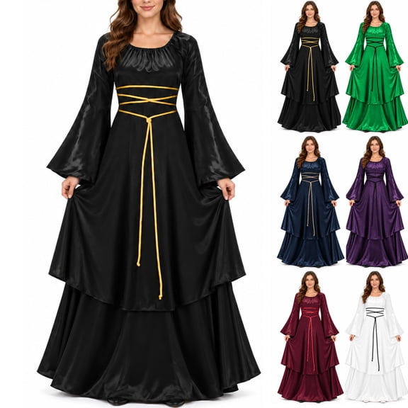 JOANKDMI Renaissance Medieval Dress for Women Gothic Witch Costume Bell Sleeve Lace Up Maxi Gown Vintage Floor Length Dress for Halloween Party Renaissance Fair