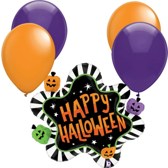 LoonBalloon 31" Halloween Striped Splat Foil Balloon with 4 Latex Balloons – Spooky Party Decoration Set