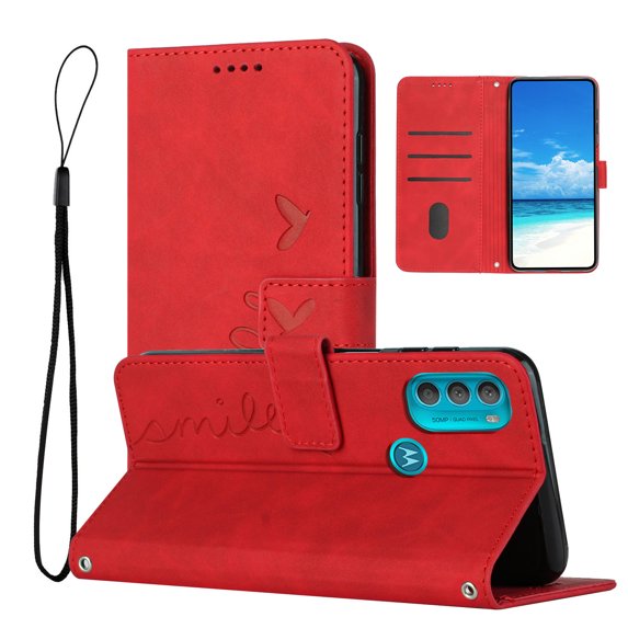 For Motorola Moto G71 Wallet Cover 5G, PU Leather Kickstand Credit Card Pocket Slots Wrist Strap Magnetic Folio Heart Patterned Embossed Flip Cover for Motorola Moto G71 5G, Red
