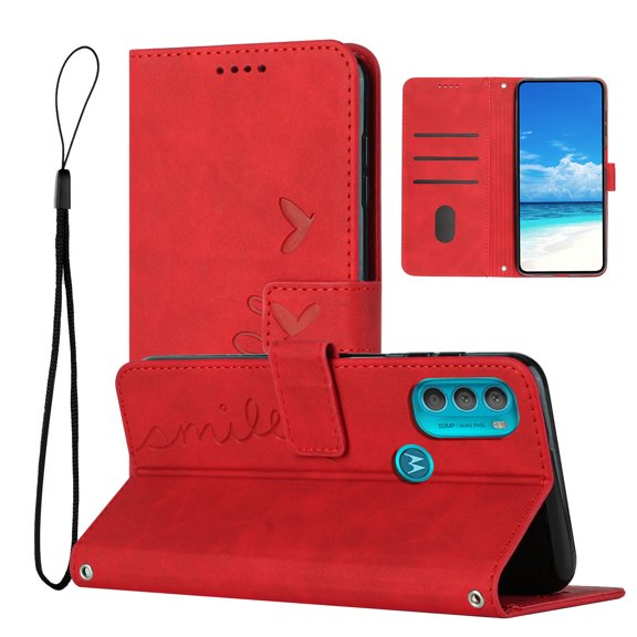 For Moto G71 Case 5G, Allytech Wallet Case Magnetic Folio Embossed Full Protection PU Leather Kickstand Credit Card Holder Slots Wrist Strap Flip Cover for Motorola Moto G71 5G, Red