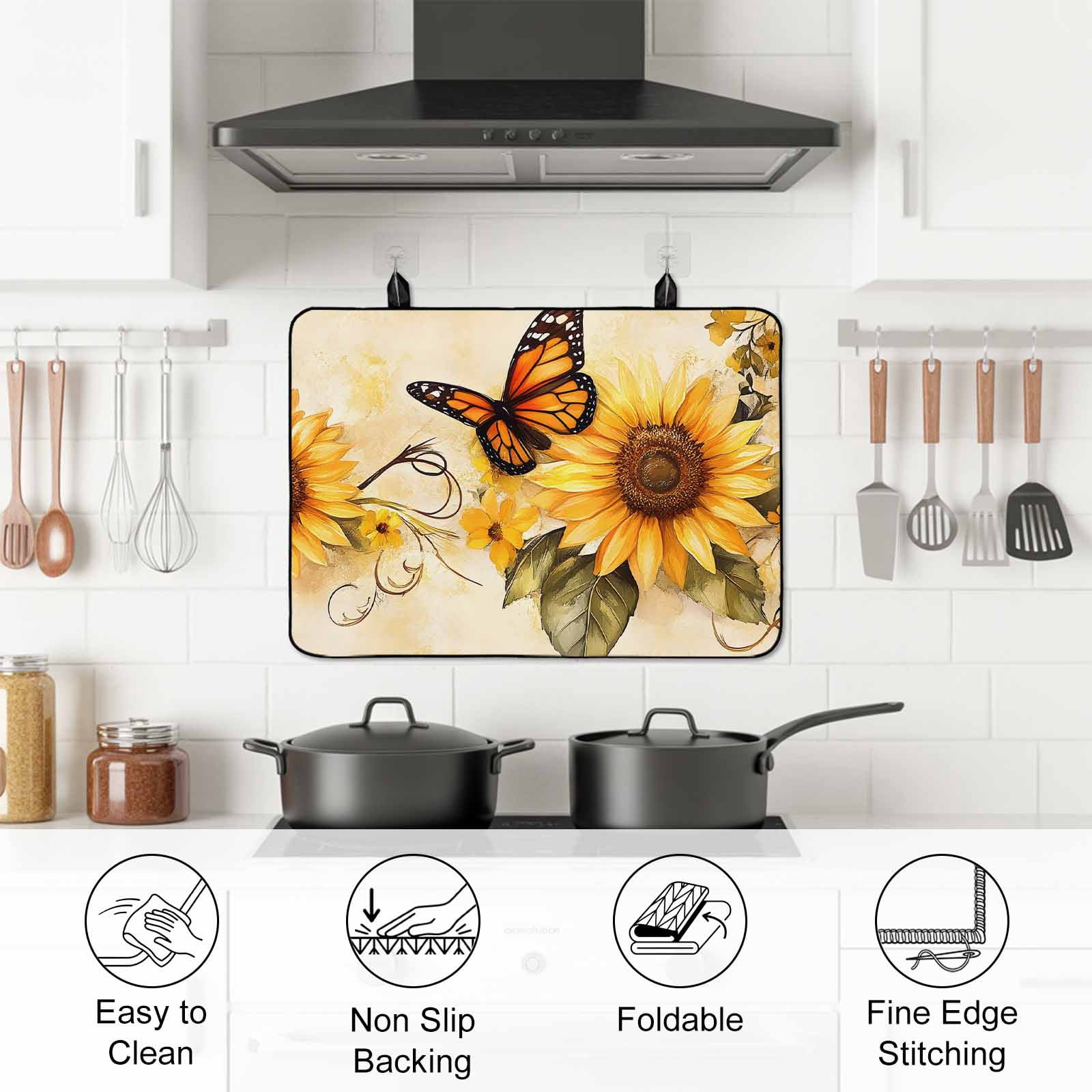 Sunflower Stove Top Cover for Electric Stove, Heat-proof & Non Slip Glass Top Stove Cover Protector, Butterfly Spring Floral Retro Kitchen Flat Cooktop Rubber Mat 24x21 Inches