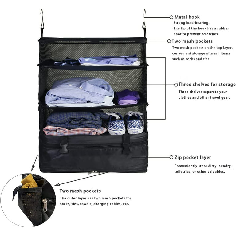 Pack Gear Hanging Suitcase Organizer, Travel Essential Foldable Packing  Cubes, Pack Large or Carry On Luggage, Shelf Organizer for Closet (Black)