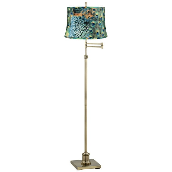 360 Lighting Swing Arm Floor Lamp Adjustable Height 70" Tall Antique Brass Peacock Print Drum Shade Living Room Reading Bedroom