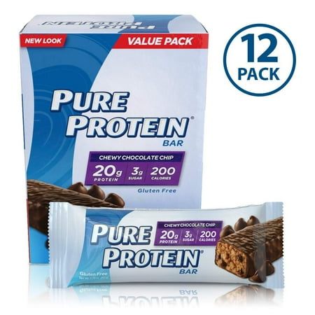 Pure Protein Bars, High Protein, Nutritious Snacks to Support Energy, Low Sugar, Gluten Free, Chewy Chocolate Chip, 1.76oz, 12
