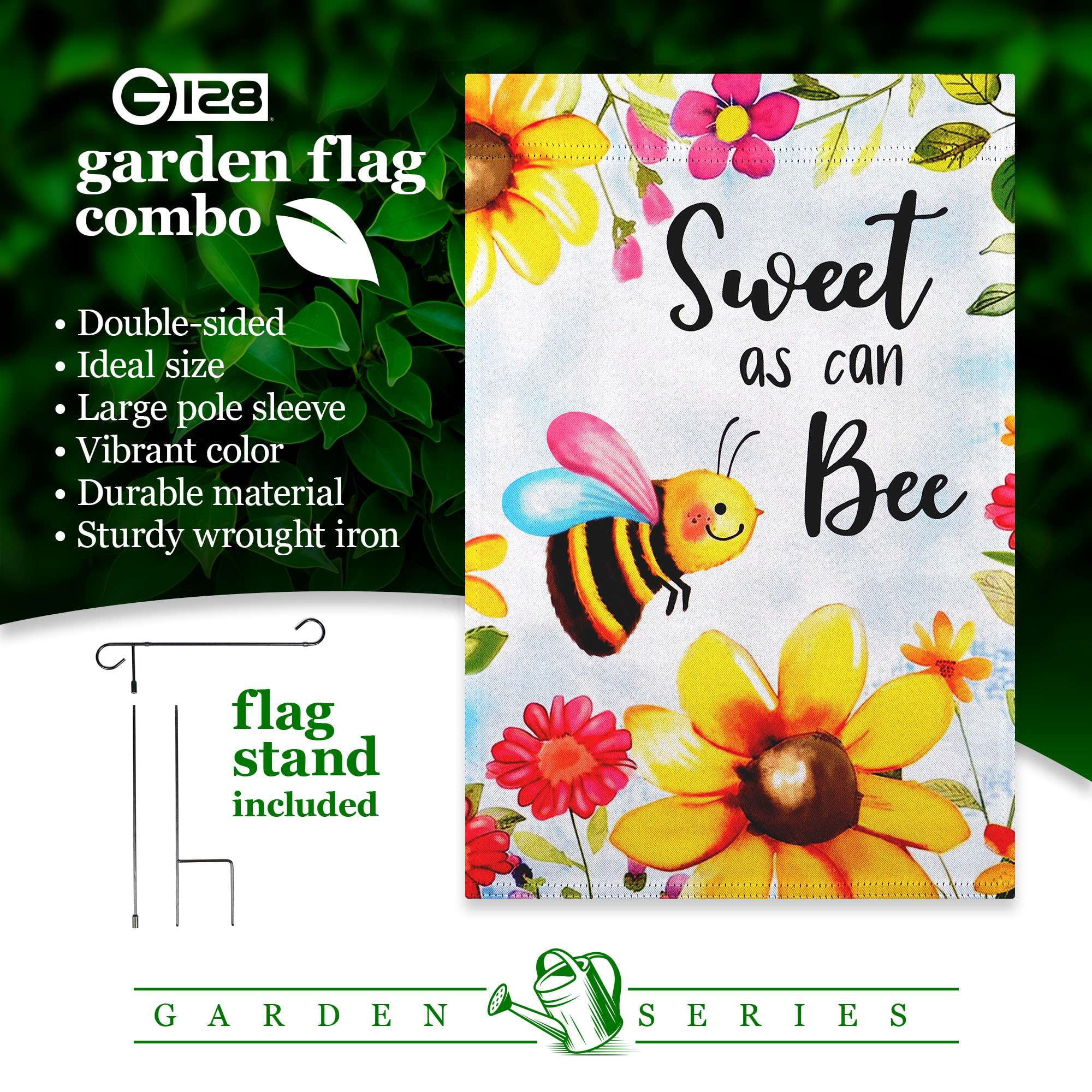 G128 Combo Pack: Garden Flag Stand 36x16IN & Garden Flag Sweet Bee Flowers Printed 12x18IN Double Sided