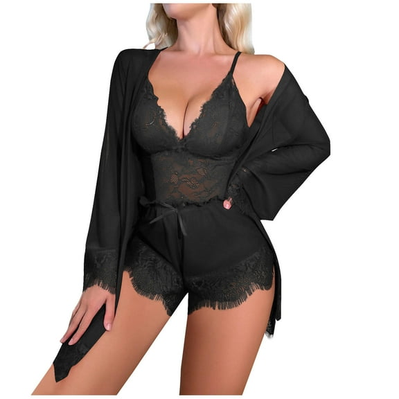 Women's 3 Piece Pajama Set Satin Lace Cami Top and Shorts with Long Sleeve Robe Pjs Outfits Sexy Mesh Nightgown Sets