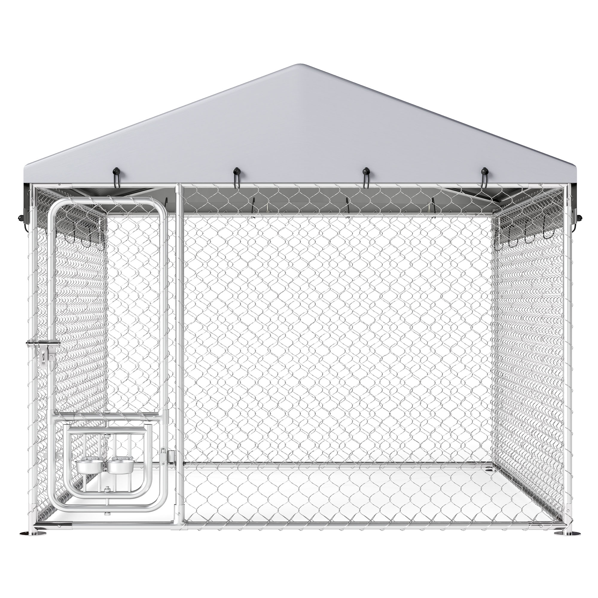 ModFusion 7.5' x 7.5' Large Outdoor Metal Dog Kennel with Weatherproof Canopy, Secure Lock & Adjustable Pet Feeding Bowls – Perfect for Pets