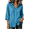 thumbnail image 2 of IPYUI Cotton Linen Tops for Women Collared Blouse Boho Top V Neck Tops 3/4 Length Sleeve Tops Peasant Blouses Linen Clothes Elbow Sleeve Button Down Shirts Gauze Shirts, 2 of 4