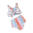 thumbnail image 2 of Douhoow 2 Piece Kids Girls Floral Swimsuits Summer Toddler Striped Bathing Suits Knotted Swim Top and Elastic Shorts Set, 2 of 9