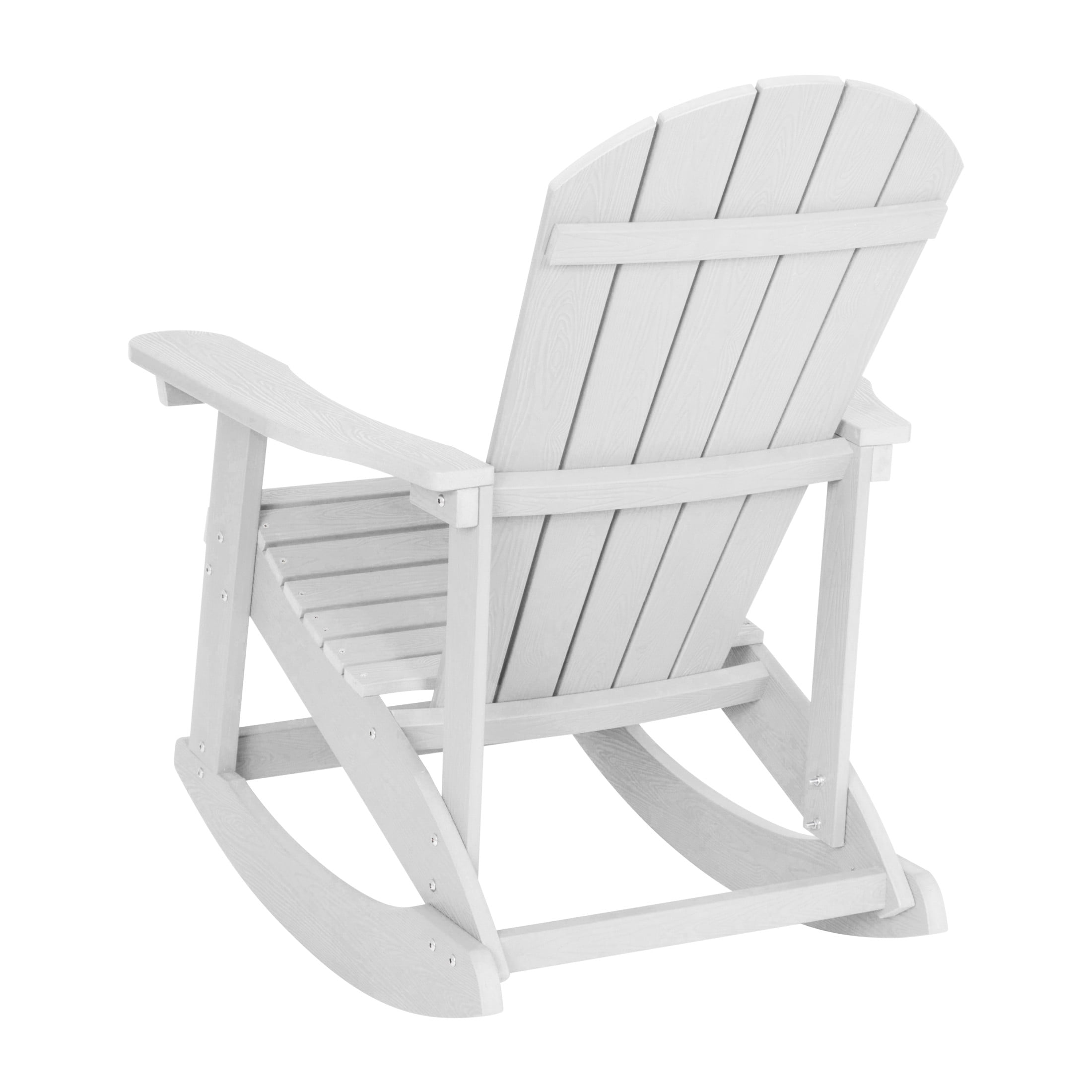 Emma + Oliver Classic All-Weather Poly Resin Rocking Adirondack Chair in White with Stainless Steel Hardware for Year Round Use
