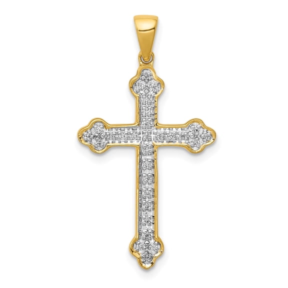 14k Two-Tone Gold Diamond Cross Pendant Charm, Fleur-de-Lis Religious
