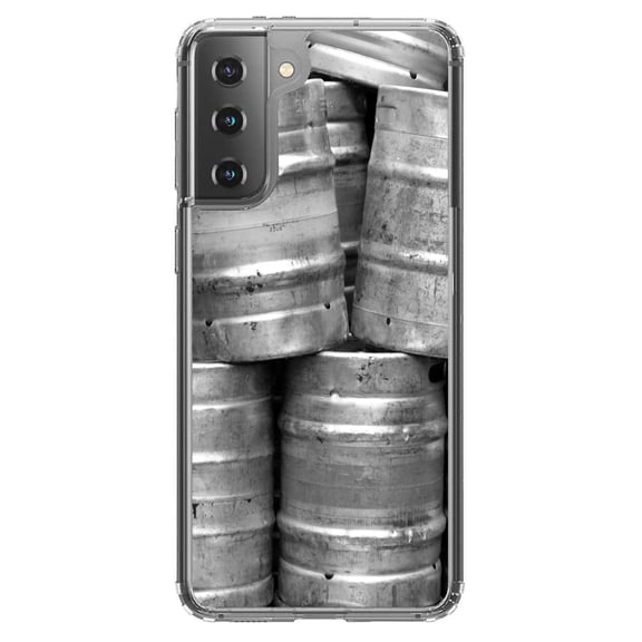DistinctInk Clear Shockproof Hybrid Case for Galaxy S21 5G (6.2" Screen) - TPU Bumper, Acrylic Back, Tempered Glass Screen Protector - Beer Kegs
