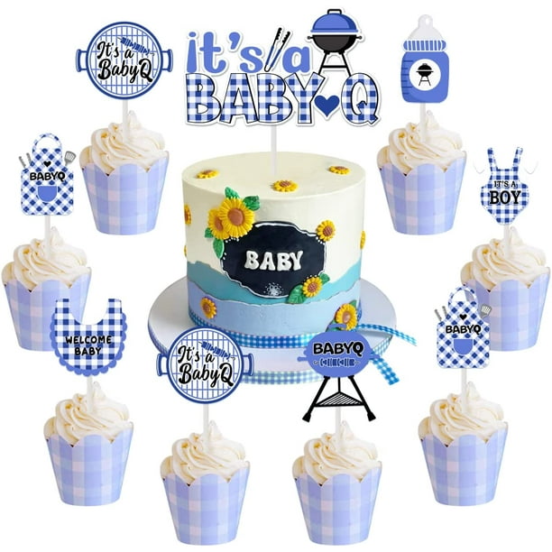 25Pcs It's a Baby Q Cake Decorations Blue, Bbq Baby Shower Decorations