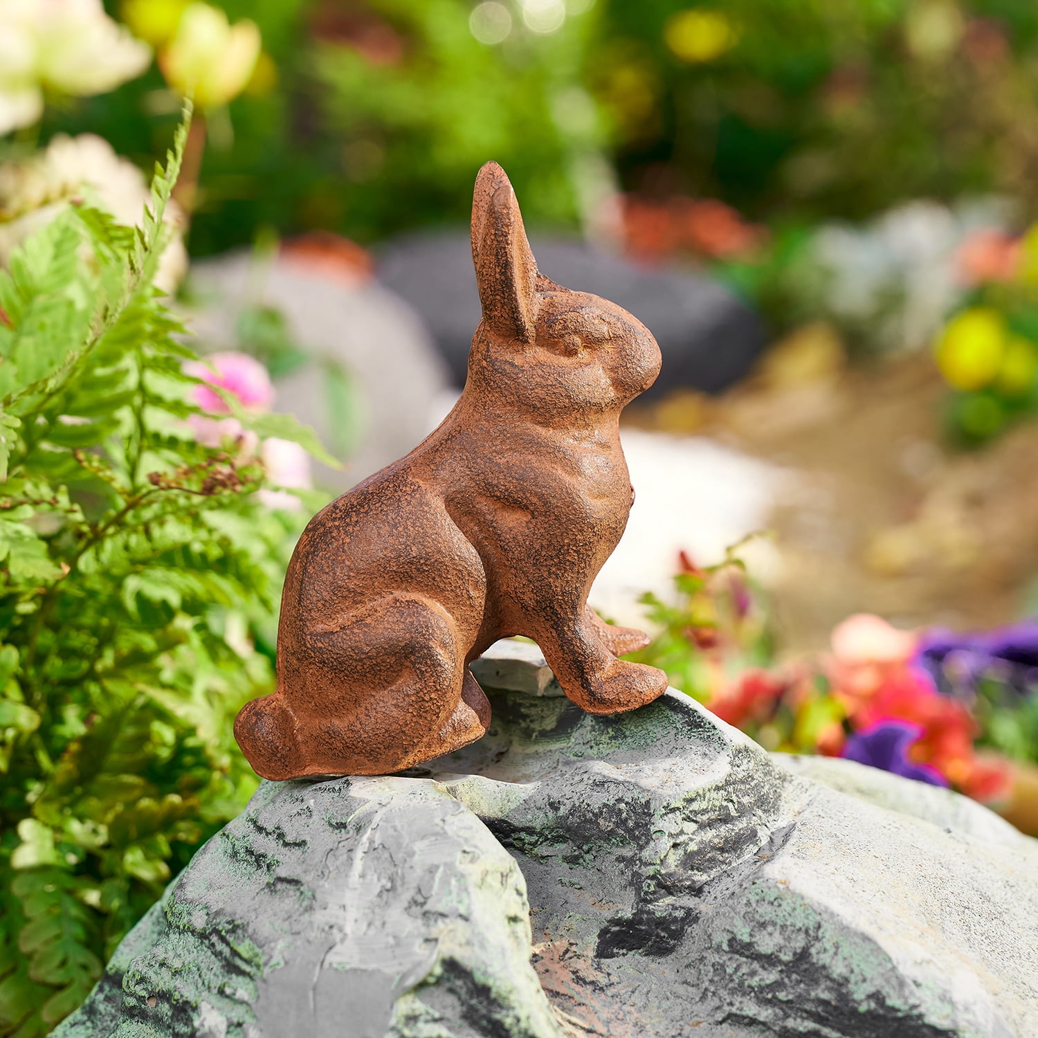 Sungmor Cast Iron Rabbit Statue,Rustic Rust Heavy Duty Animal Collection Sculpture, Paperweight, Doorstop, Adorable Garden Figurine - Sitting Rabbit Statue
