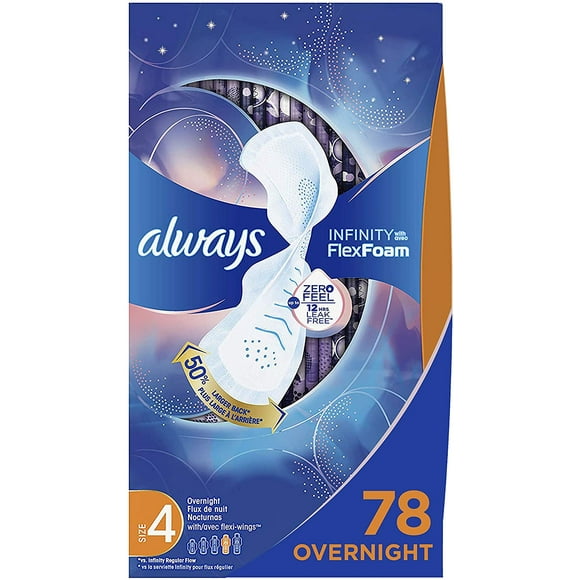 Always Infinity Feminine Pads for Women, Size 4, 78 Count, Overnight Absorbency, with Wings, Unscented (26 Count, Pack of 3 - 78 Count Total)